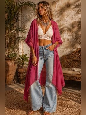 Sonoma Boho Fringe Kimono Wrap Cover-Up | One Size | Lightweight Layer